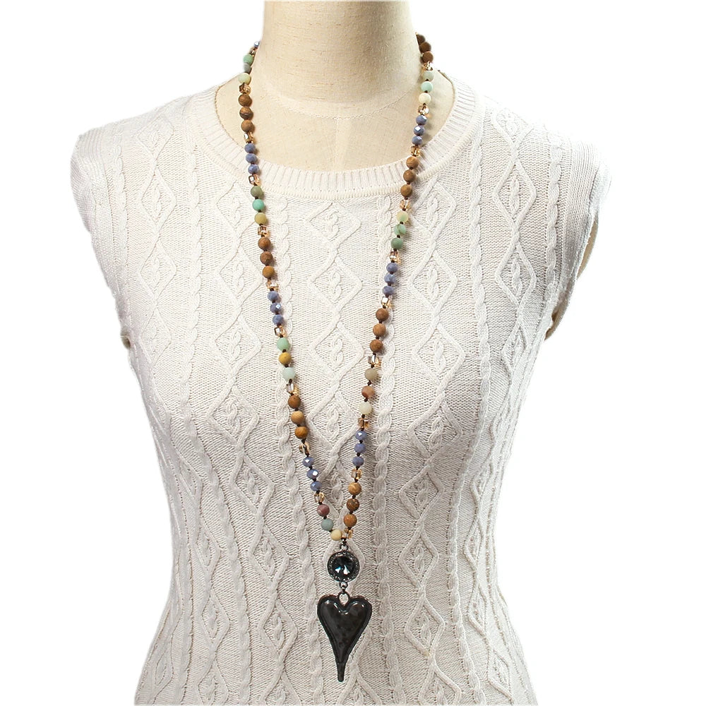 New Fashion Bohemian Style Women Jewelry 8mm Natural Stone Glass Knot Necklace Heavy Gun Black Heart Pendant Necklace