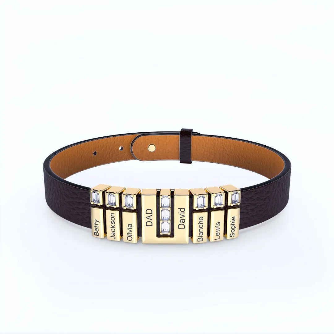 Hot Selling Customized Engraved Family Name Beads Leather Bracelet for Dad Father's Day