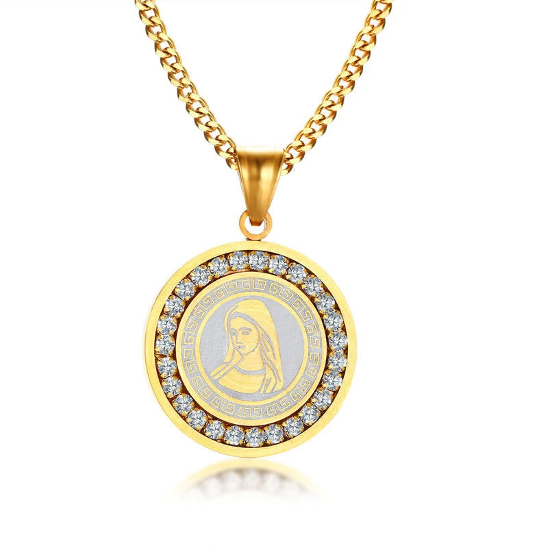 Europe Classic Medallion 18k Gold Plated Stainless Steel Shiny Cubic Zircon Virgin Mary Charm Pendant Necklace