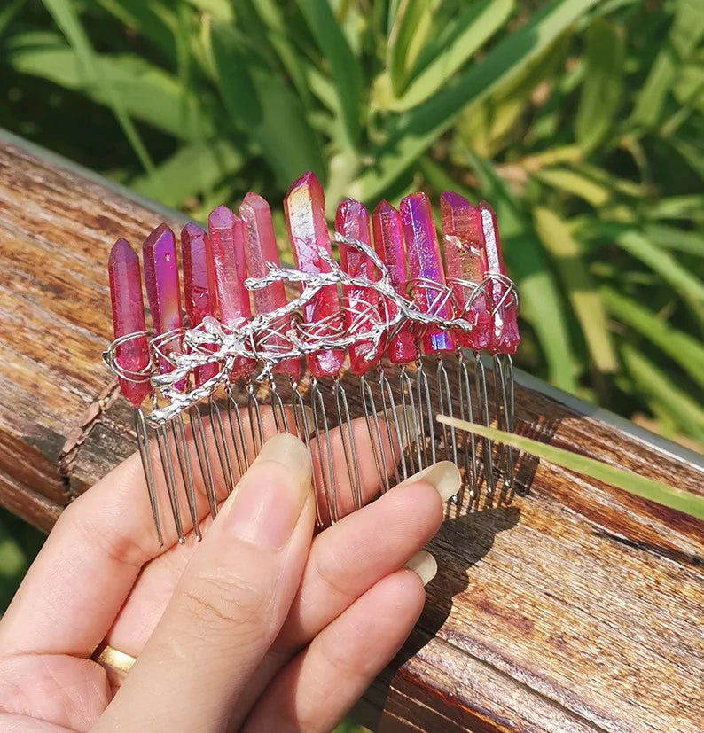 DIY Chinese Supplier Witch Tree Fork DIY Rainbow Bridal Silver Thread Natural Red Crystal Hairband