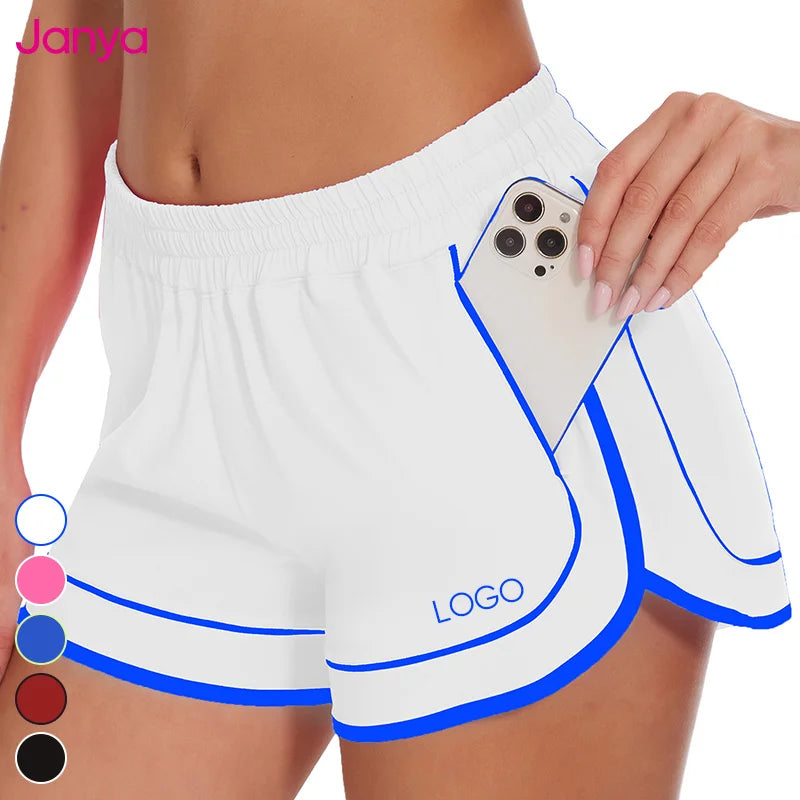 Janya Custom Logo Women's Sports Shorts Color Blocking Gym Clothes Quick Dry Drawstring Zip Pocket Breathable Washed Gym Shorts