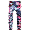Fashion Mens Fancy Color Tie Dye Print Jeans Autumn Slim Straight Stretch Denim Pants Painted Trousers for Men