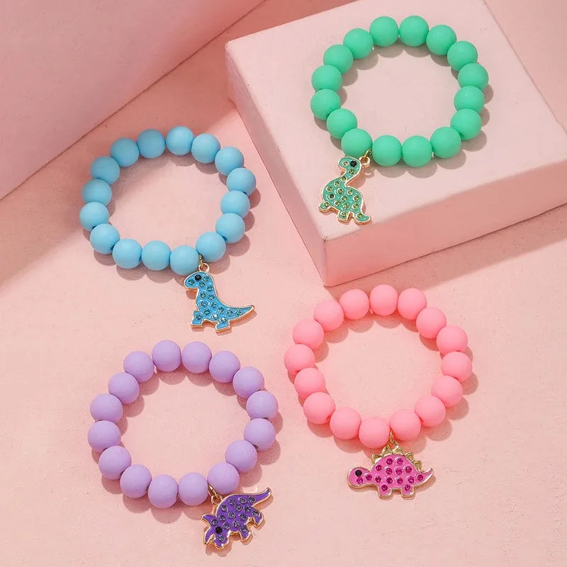 Popular Gold Plated Candy Color Cartoon Dinosaur Pendant Beaded Children's Bracelet Set of Four for Party & Wedding Gift