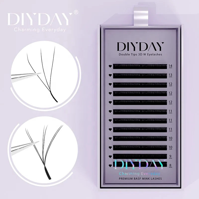 DIYDAY Custom  3D Clover W Shape L LU Curl Pre Made Eyelash Extension Natural Lashes for Private Label