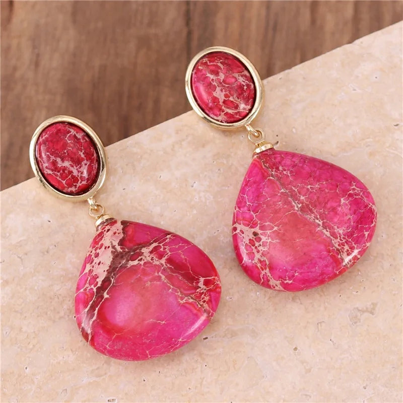 Trendy Red Imperial Jasper Dangle Stud Earrings Gold Women Teardrop Natural Stone Drop Earrings Luxury Jewelry Bijoux  Wholesale Popular Jewelry