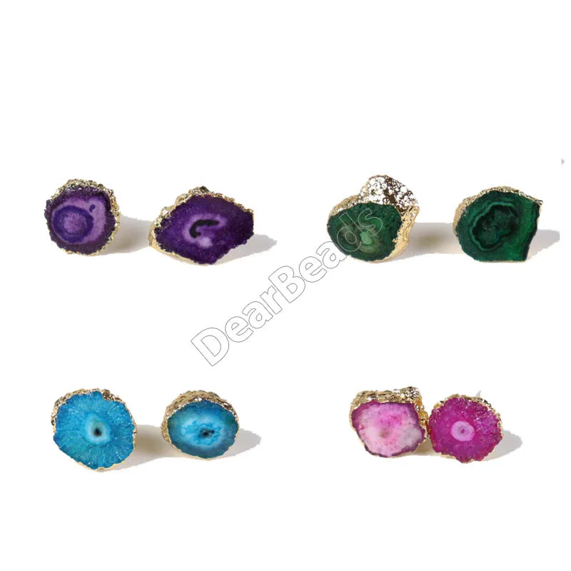 Natural Raw Stone Stud Earrings Freeform Stainless Steel Druzy Agate Gemstone Crystals Earring for Women Girls