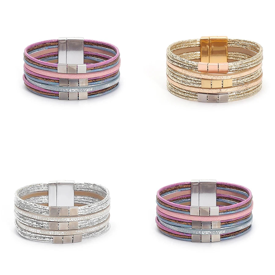 Women's Multi-layered Bohemian Leather Bracelet with Magnet Buckle Wide Bracelet New Design