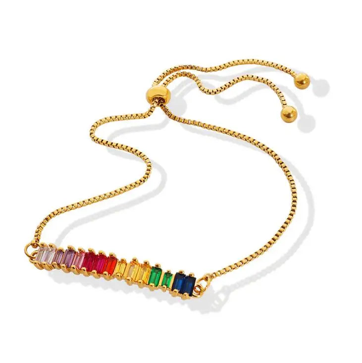 Wholesale Boho Tennis Bracelet New Trends Stainless Steel Multicolored CZ Stone Gold Plated Zircon Adjustable Chain Bohemian