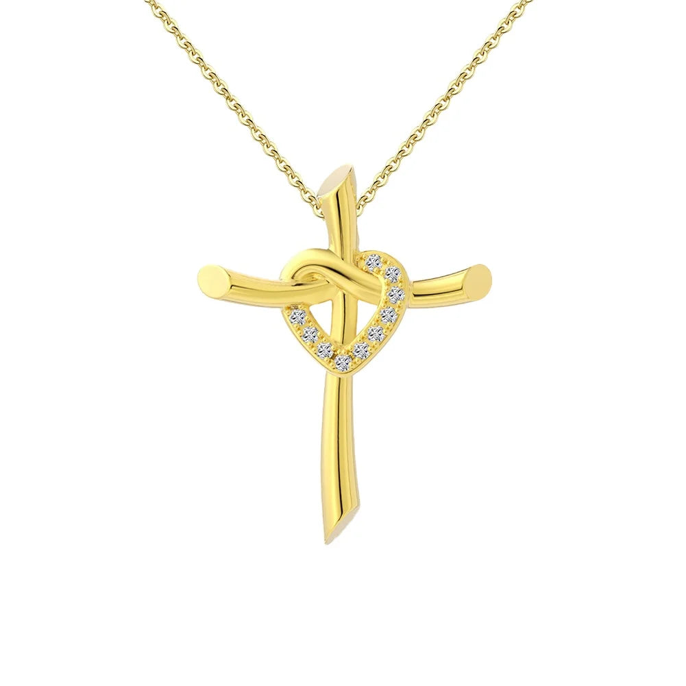 Luxury 925 Sterling Silver Cross Heart Necklace - 14K Gold Plated Cable Link Chain for Women Spiritual Healing Jewelry Gift