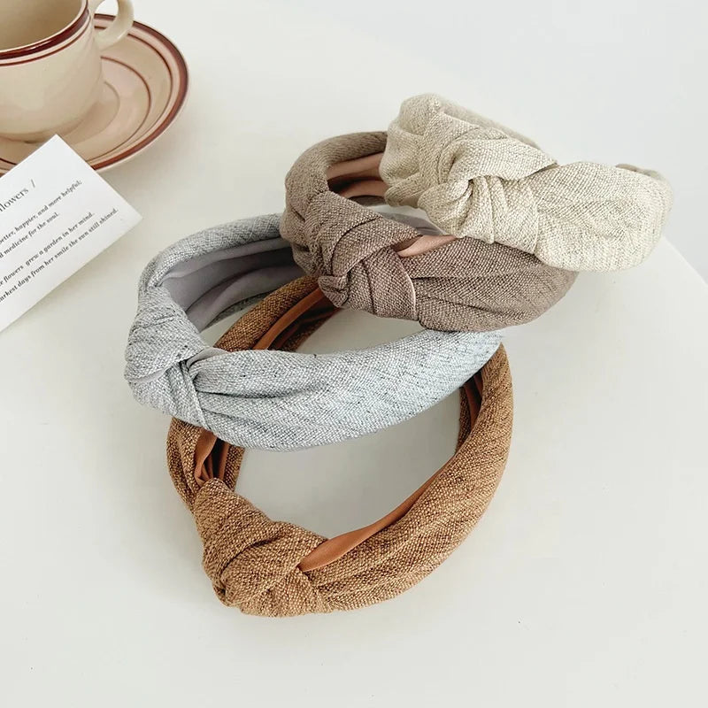 2022 New Arrival Solid Color Wide Hairband Women Linen Knotted Headband