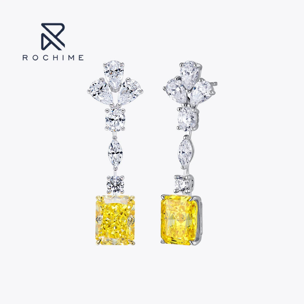 Rochime High End Radiant Cut Yellow Gemstone Long Earrings  925 Sterling Silver Rhodium Plated 5a Zircon Jewelry for Women