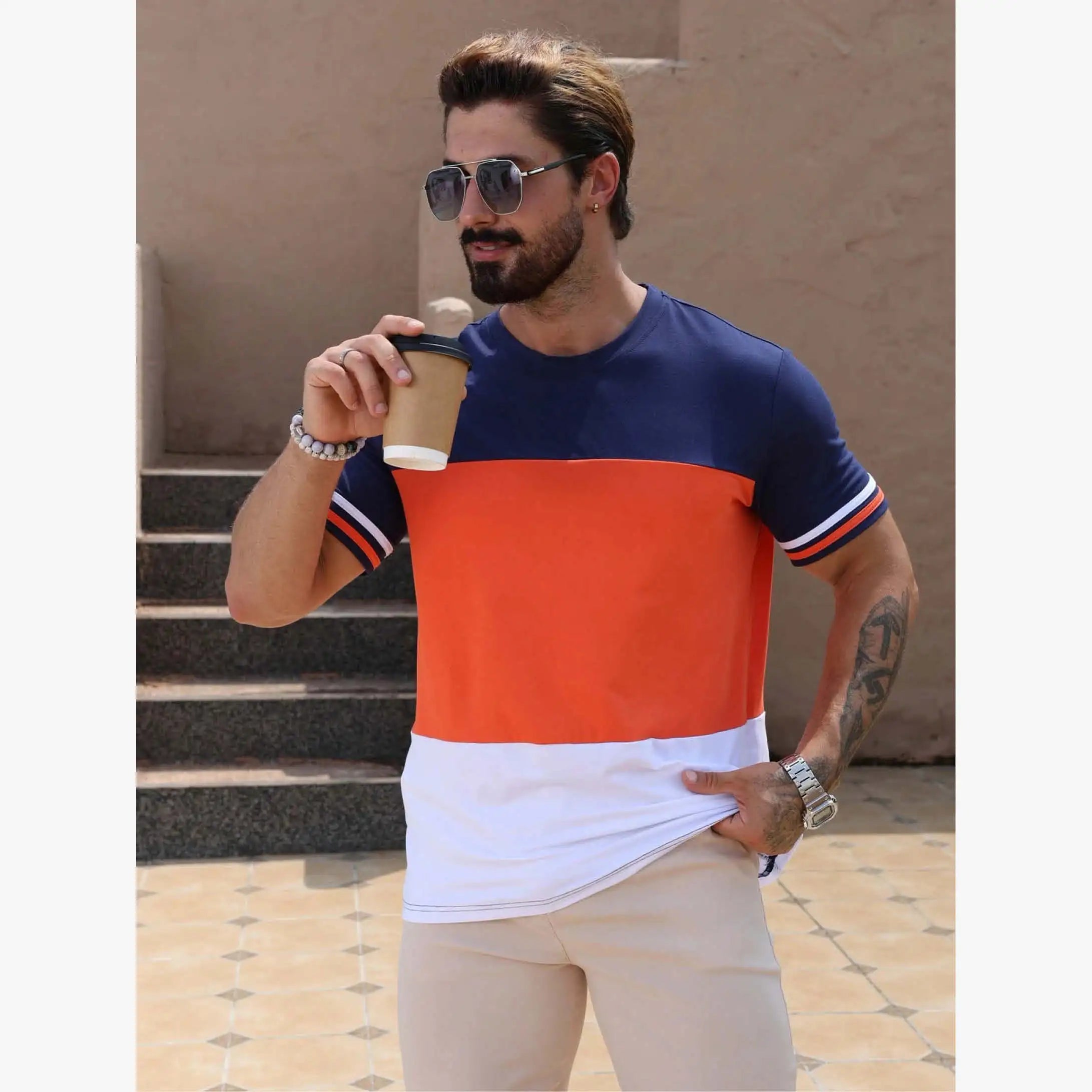 Men's Casual Sporty T-Shirt Fashion Color Block Striped Print Custom MOQ Wholesale Knitted Fabric