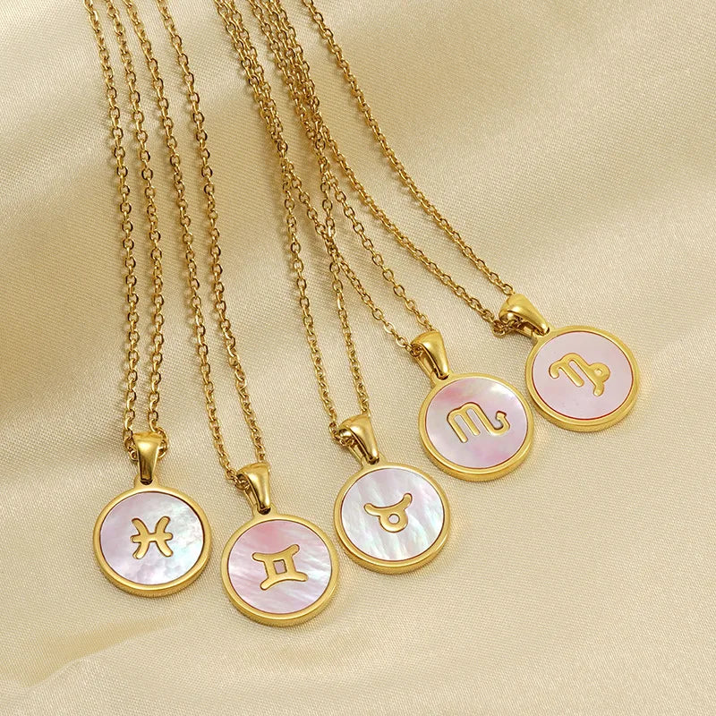 Tarnish Free 18k IP Gold Plated Pink White Shell Stainless Steel 12 Round Horoscope Constellations Zodiac Sign Shell Necklace