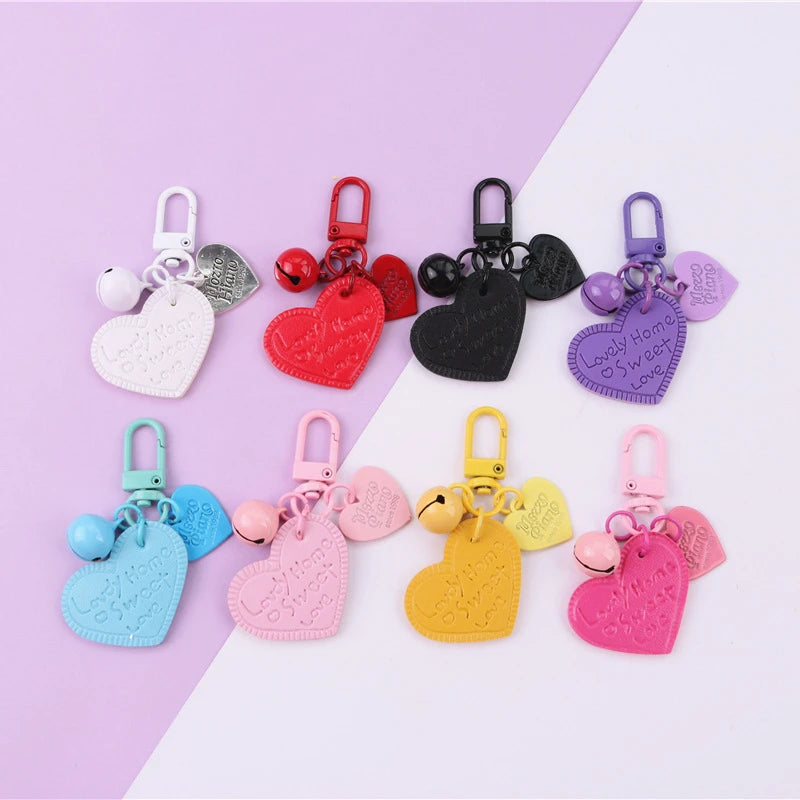 Simple 8 Mixed Color Red Bag Key Ring Accessories Heart Shaped Leather Car Key Chain With Bell