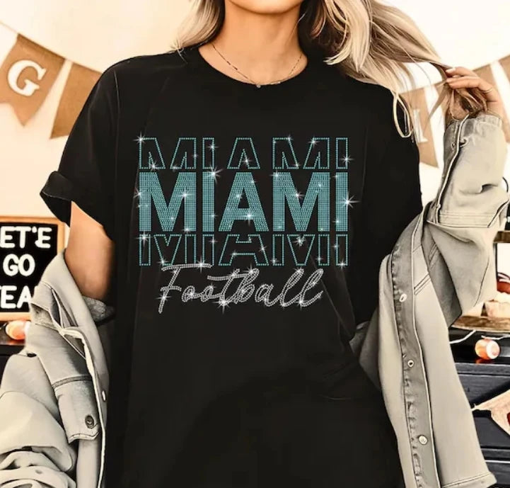 New Arrival Miami Football Team Formal Heat-Transfer & Rhinestone Printing 100% Cotton Worsted Fabric Tight Fitted T-Shirt
