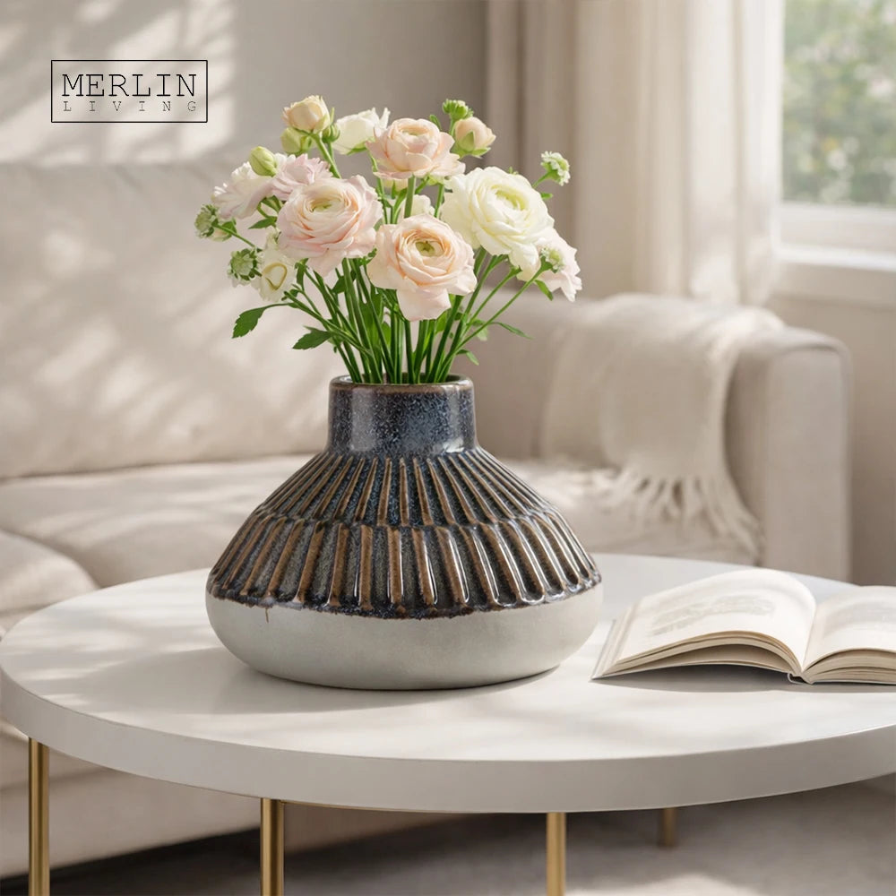 Merlin Living Vintage Glaze Metallic Glaze Smooth Blue Round Shape Cylinder Bottle Mouth Ceramic Decorative Items Wtih Vases MegaBDM