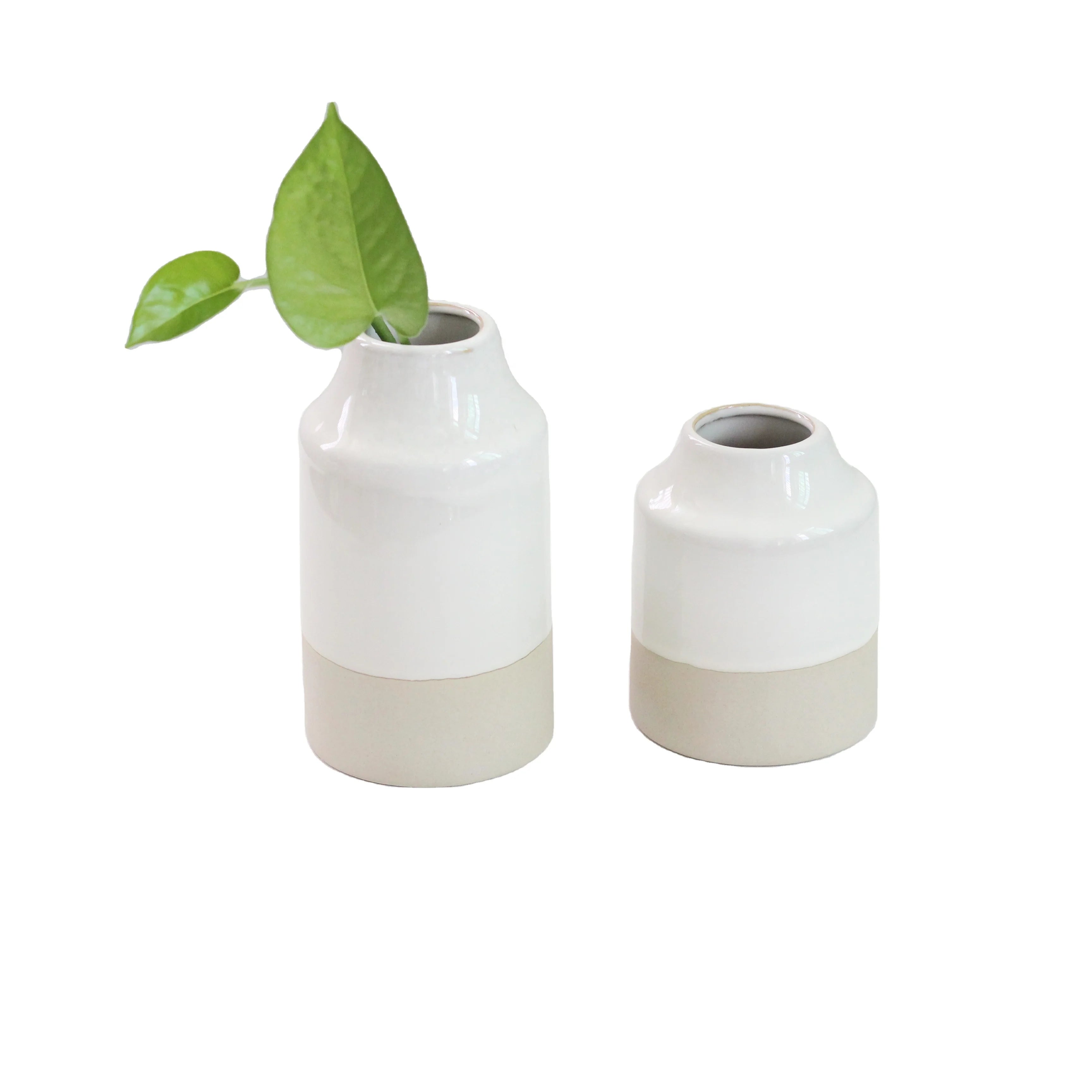 Wholesale Natural Colored Clay Stoneware Artificial Flower Vases with White Reactive Glaze for Home Decor