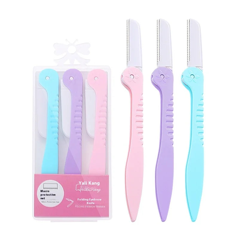 Portable Fashion Colorful 3pcs/Box Folding Eyebrow Trimmer Stainless Steel Slanted Blade Easy Shave Safety Razor Eyebrow Hair