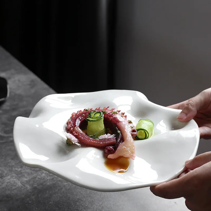 Unique Restaurant Irregular Dishes Under Glazed Porcelain White Dinnerware Dessert Serving Plates for Hotel