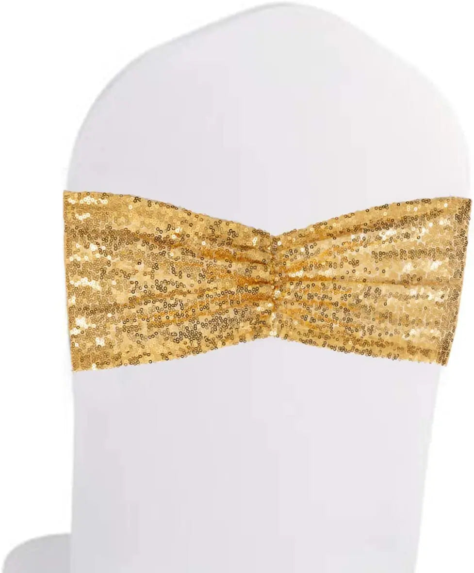 Best Selling Chair Back Gold Sequin Stretchy Spandex Bands Decorative Chair Sashes for Wedding