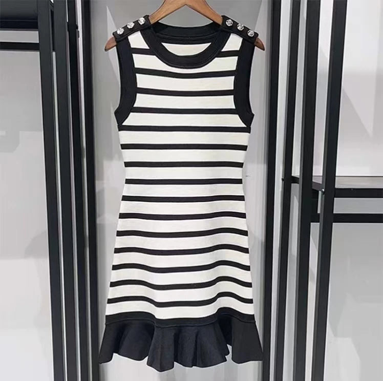 KD2350 Black Sleeveless Vest Dress Striped Knitting Dress for Summer Short Length Casual Dress for Woman