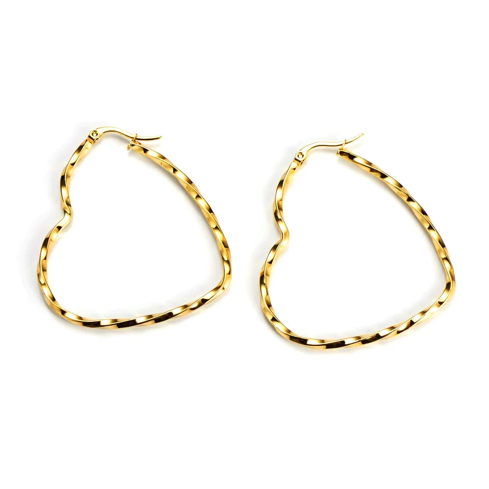ORDRM Lightweight Fashion Jewelry Gold Plated Stainless Steel Twisted Wire Heart Shape Hoop Earrings