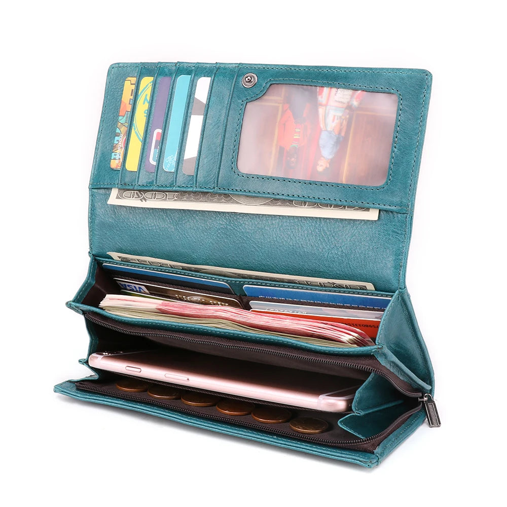 Vintage Style Ladies PU Leather Bi-fold Long Wallet Open Closure RFID Protected Clutch Purse