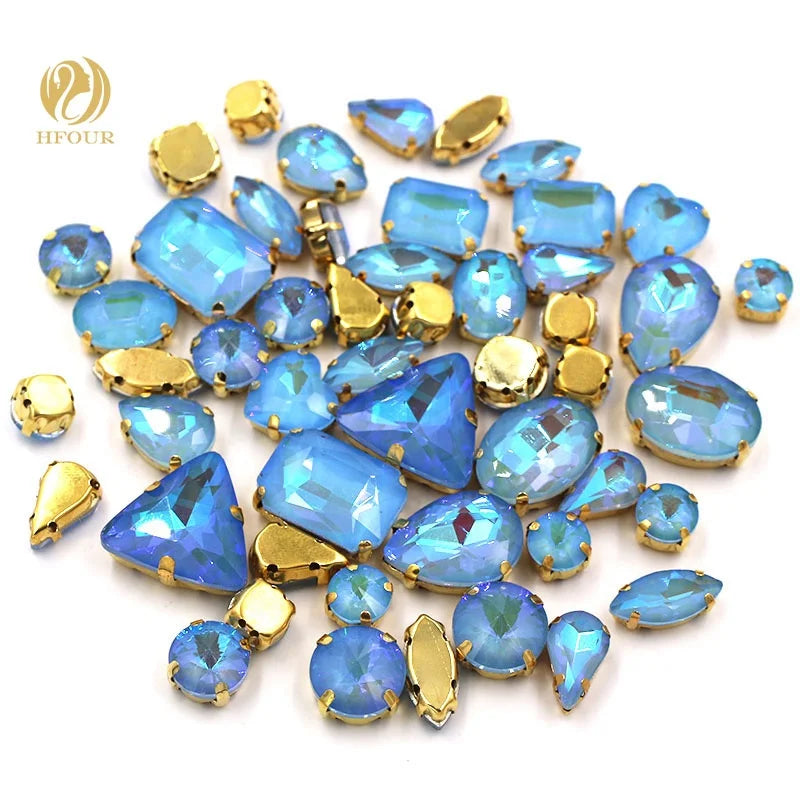 HFOUR Light Blue AB Mocha 3D Glass 9 Facets Flatback Mixed Shape Non Hot Fix Sew-on Loose Rhinestones Garments Sample Available