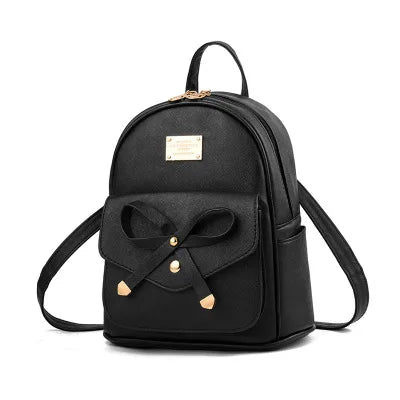 Small Teenage Girls Women Waterproof Anti-Theft Pu Leather Zipper Backpack with Bowknot Pattern for Student School Use