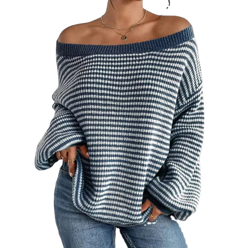 Fashion Stripe off Shoulder Sweaters for Women Pullover Knitted Sweater Outside Wear Sweater Blouse