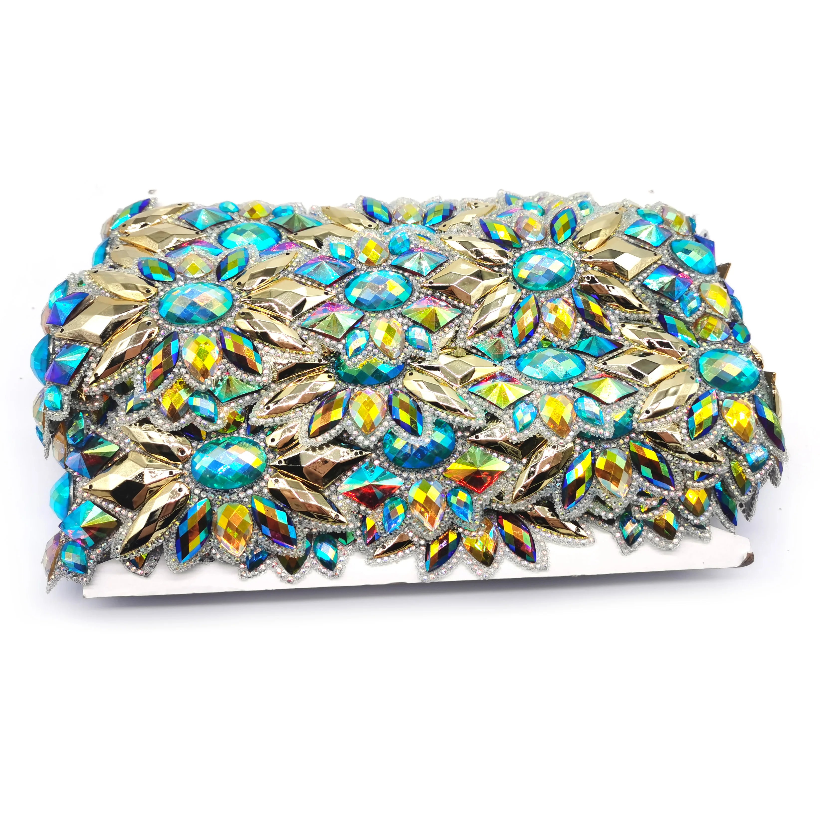 Luxurious Brazil Event Rhinestone Trimming Aquamarine AB Carnival Costumes Trimming Chain Iron on Appliques Trims