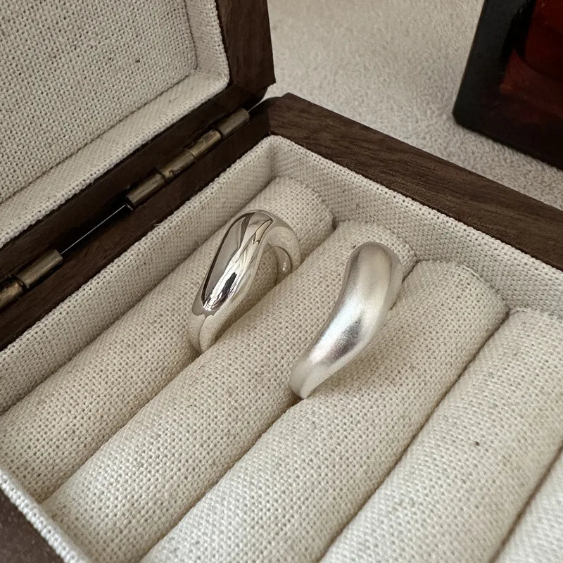 Korean Style Geometric 100% 925 Sterling Silver Wave Open Adjustable Finger Rings for Girls Fine Jewelry