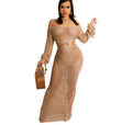 STOCK 3Colors Long Sleeve See Through Dress Summer Outfits Women Crochet Cover up Beach Wear S-XL