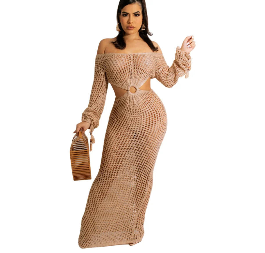 STOCK 3Colors Long Sleeve See Through Dress Summer Outfits Women Crochet Cover up Beach Wear S-XL