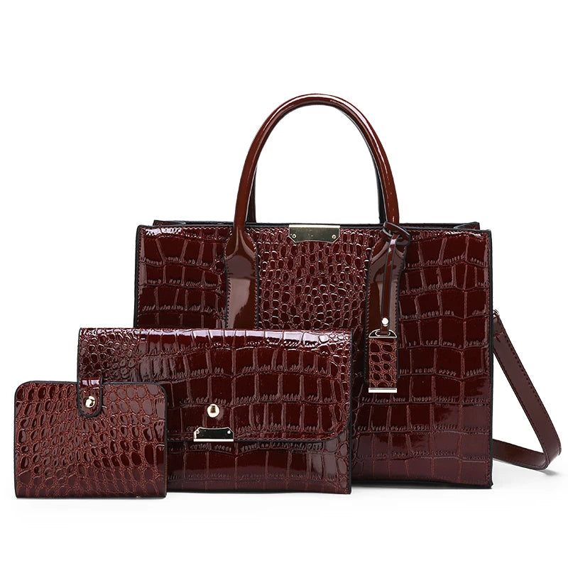 New Fashion Crocodile PU Leather Handbags for Women Large Shoulder Bag  Ladies Tote Satchel Purse Set 3pcs