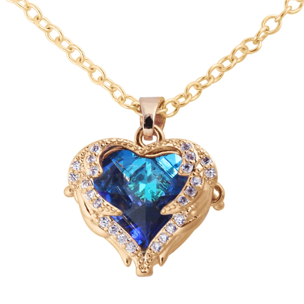 Wholesale Women Jewelry Valentine Holiday Thin Golden Chain Rhinestone Crystal Blue Purple Ocean Heart Charm Choker Necklaces