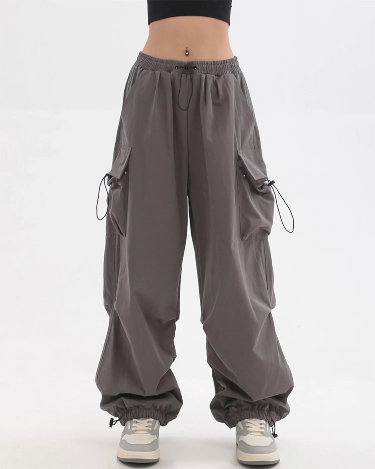 Comfort Solid Color Straight Leg Multi-Pocket Cargo Parachute Pants Track Pant for Women