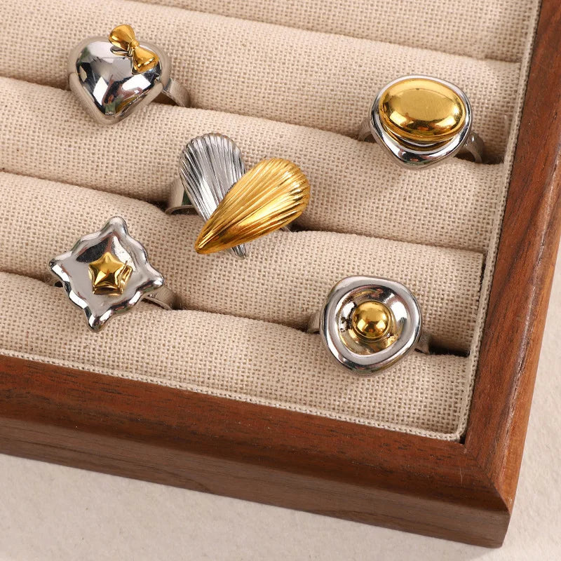 Luxury Designer's Thick 18k Gold-plated Stainless Steel Open Ring with Fashionable Retro Two-color Design for Women's Jewelry