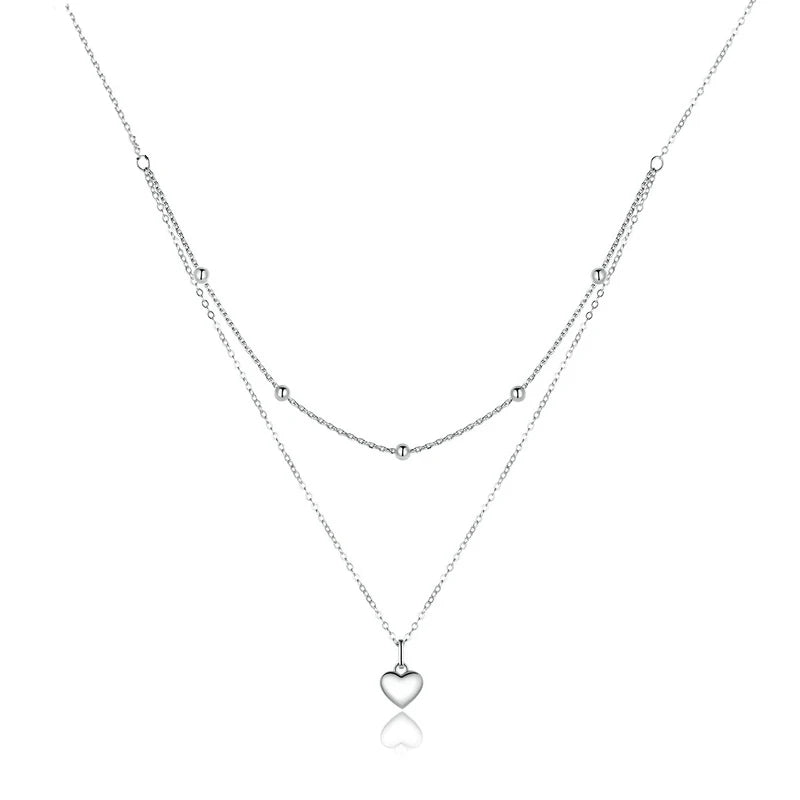 NKL210713A Dainty 925 Sterling Silver Heart Pendant Double Layered Choker Necklace for Women Layered Love Heart Necklaces