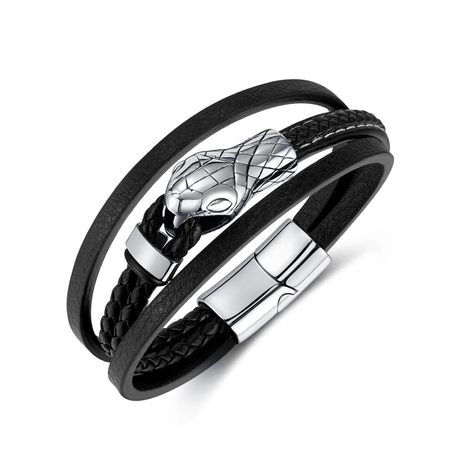 Fashion Jewelry Stainless Steel Magnetic Clasp Python/Snake Charm Braided Genuine Leather Bangle Handmade Men Boy Trendy Gift