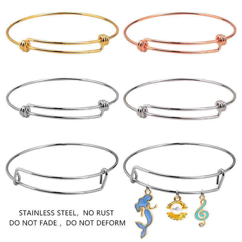 Stainless Steel Silver Stackable Rose Gold 18K Gold Expandable Wire Bangle with Charm Pendants Adjustable Stacking Bangles