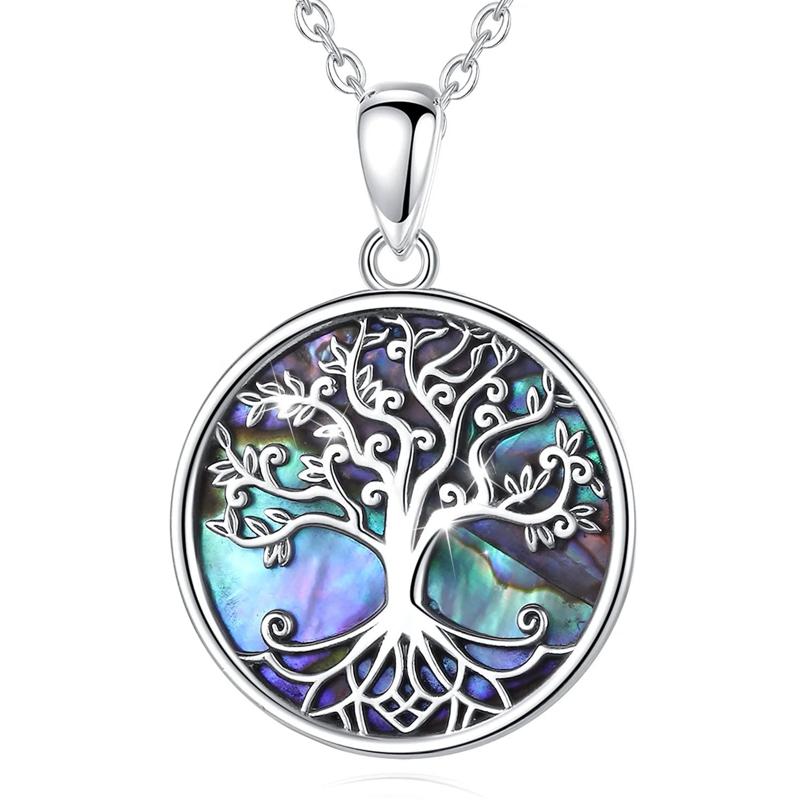 Isunni S925 Sterling Silver Rhodium Plated Abalone Shell Necklace Trendy Family Tree of Life Pendant for Engagement or Wedding