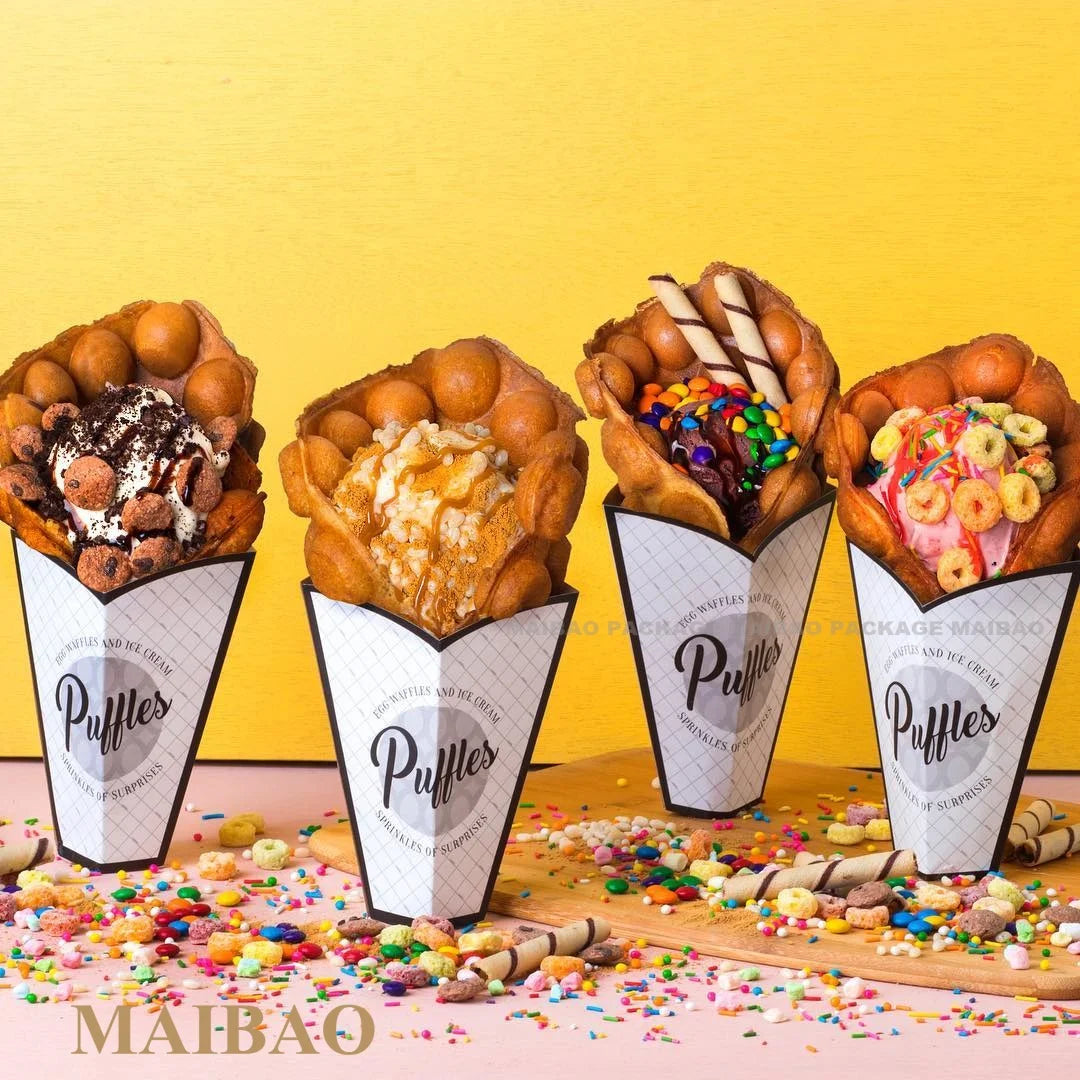 Printed Churros Packaging Ice Cream Cone Paper Bubble Waffle Holders Take Away Churros Paper Holder With Sauce Container