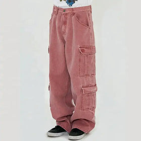 Streetwear 100% Cotton Twill Canvas Wide Leg Trousers High Waist Men's Vintage Acid Wash Baggy Cargo Pants