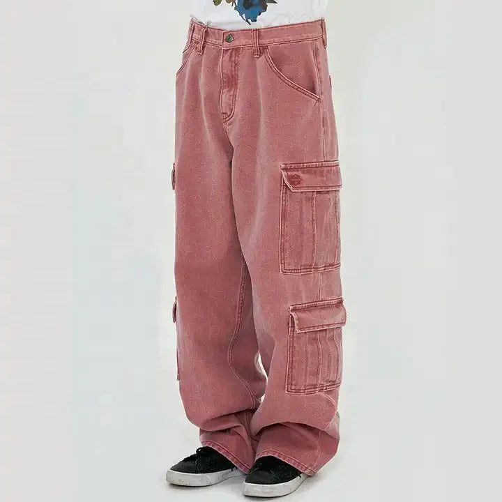 Streetwear 100% Cotton Twill Canvas Wide Leg Trousers High Waist Men's Vintage Acid Wash Baggy Cargo Pants