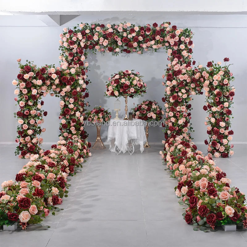 S0588 2024 New Wedding Decoration Floral Entrance Stage Set Artificial Rose Peony Flowers Row Silk Flower Wedding Flower Set