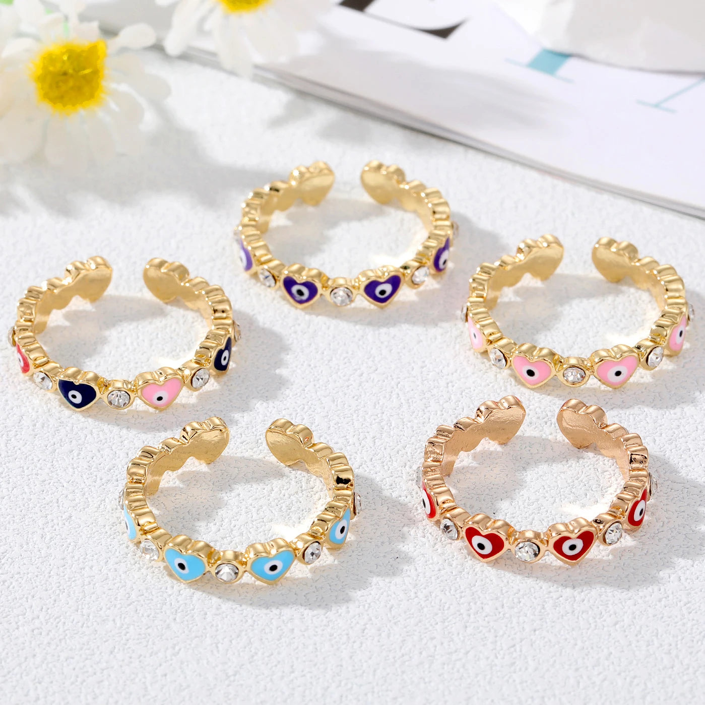 Wholesale Ethnic Style Gold Plated Adjustable Open Red Blue Pink Enamel Turkish Evil Eye Rings Jewelry for Women