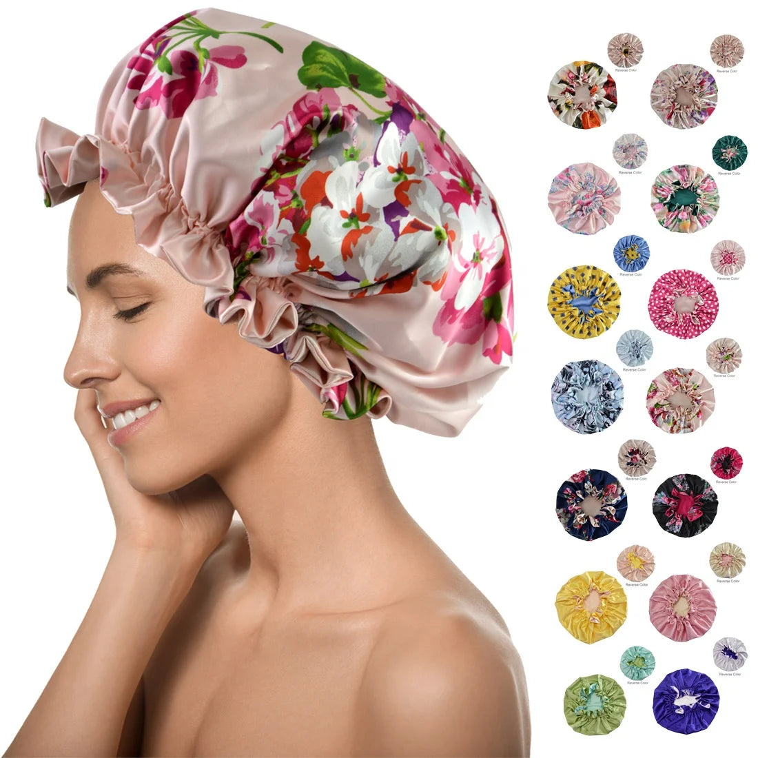Hot Sale 50 Colors Adjustable Double Layer Satin Bonnet with Floral Printing Luxury Silk Hair Head Cover Smooth Women Sleep Cap