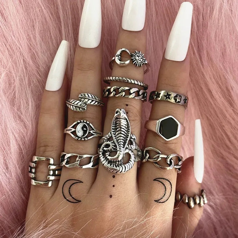 Wholesale Colourfast Eight Trigrams Snake Chain Gothic Rings Love Butterfly Skull Silver Ring Set for Girls