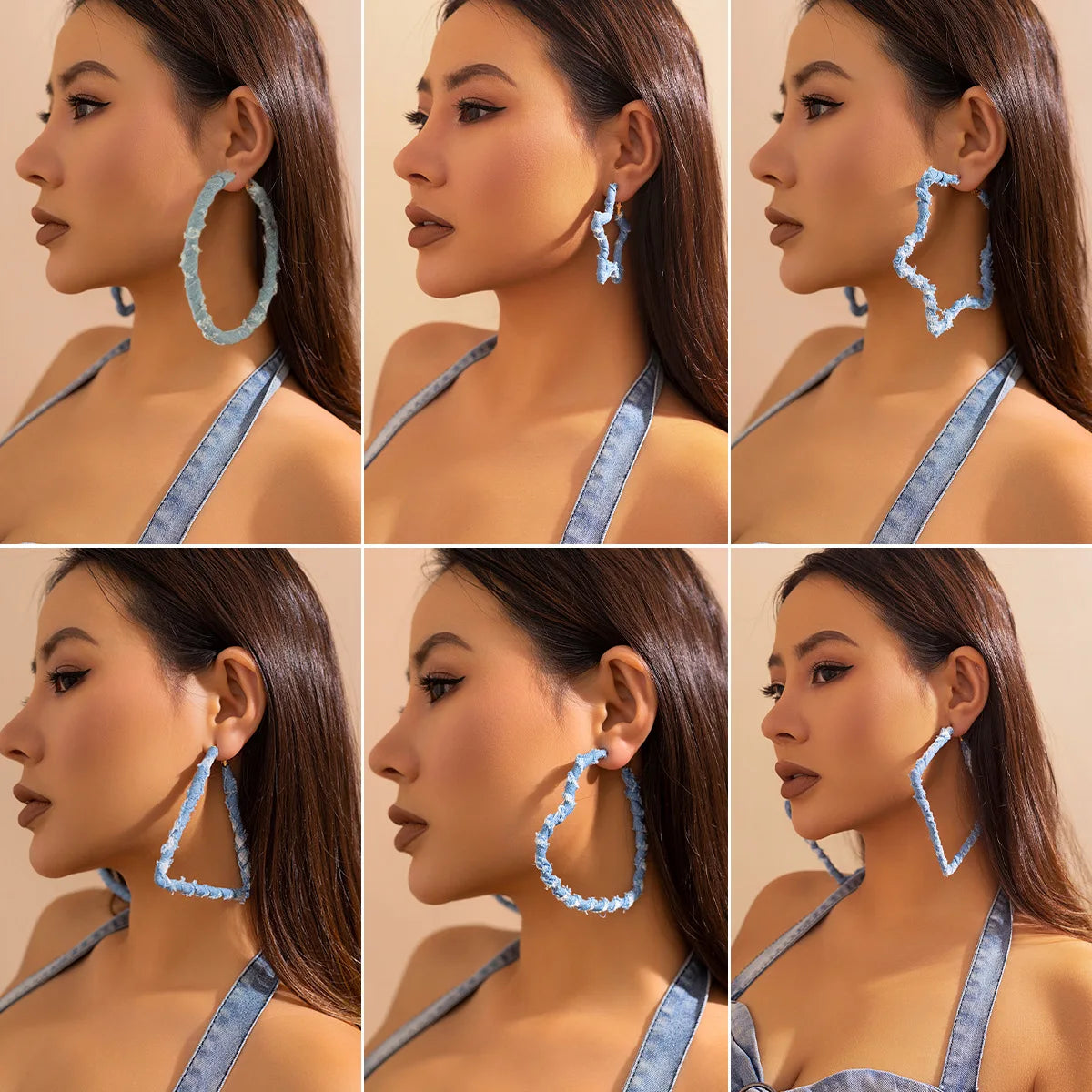Exaggerated Punk Jewelry Geometric Heart Triangle Star Hoop Earrings Fashion French Style Big Circle Blue Denim Hoop Earrings